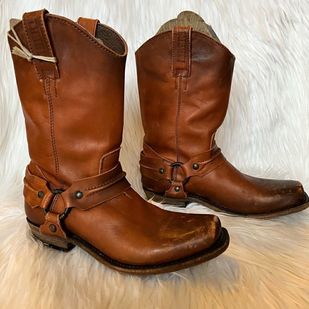 LIBERTY Black Cognac Leather Harness Western Moto Boots